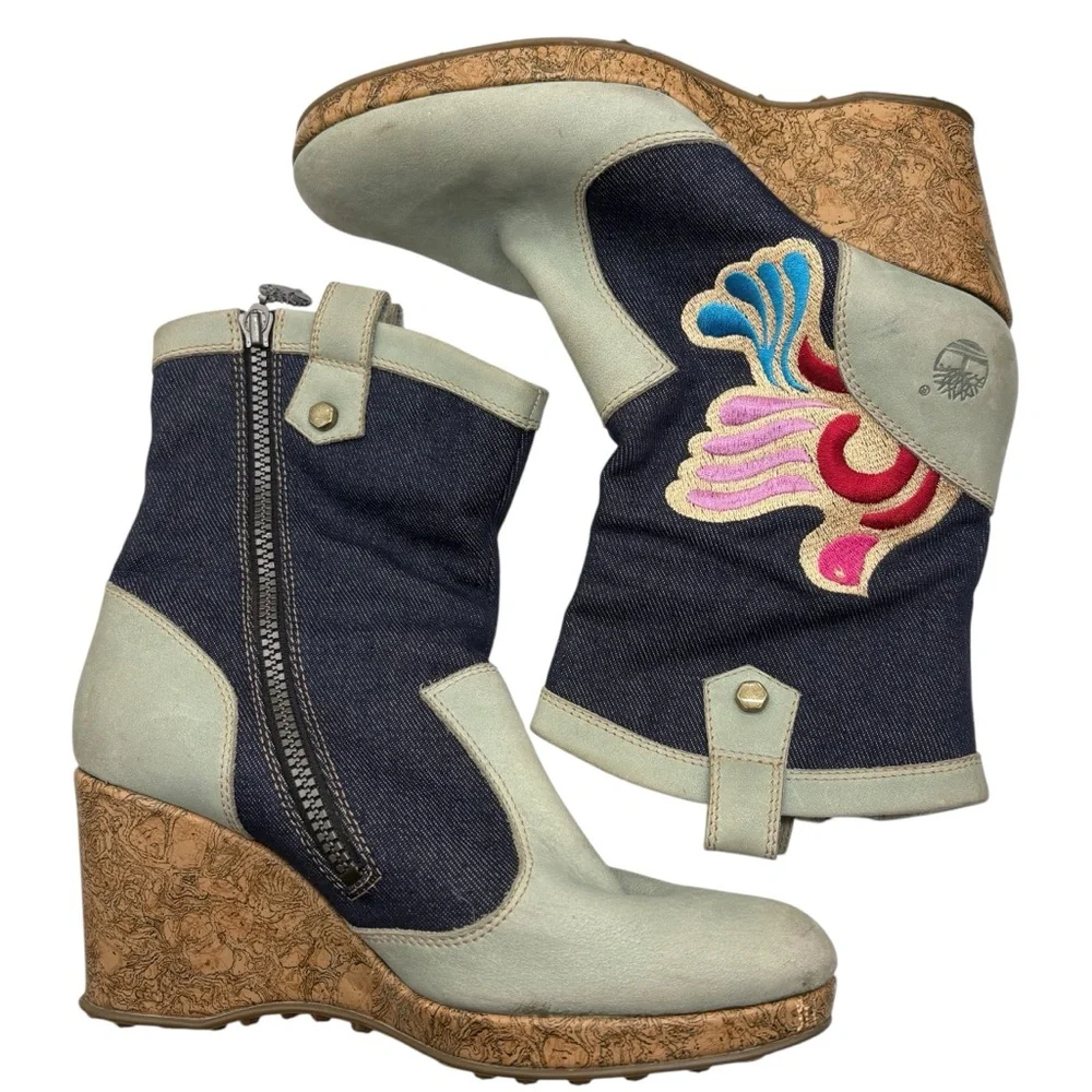 Timberland cork wedge boots denim embroidered Blue Tan women’s size 7